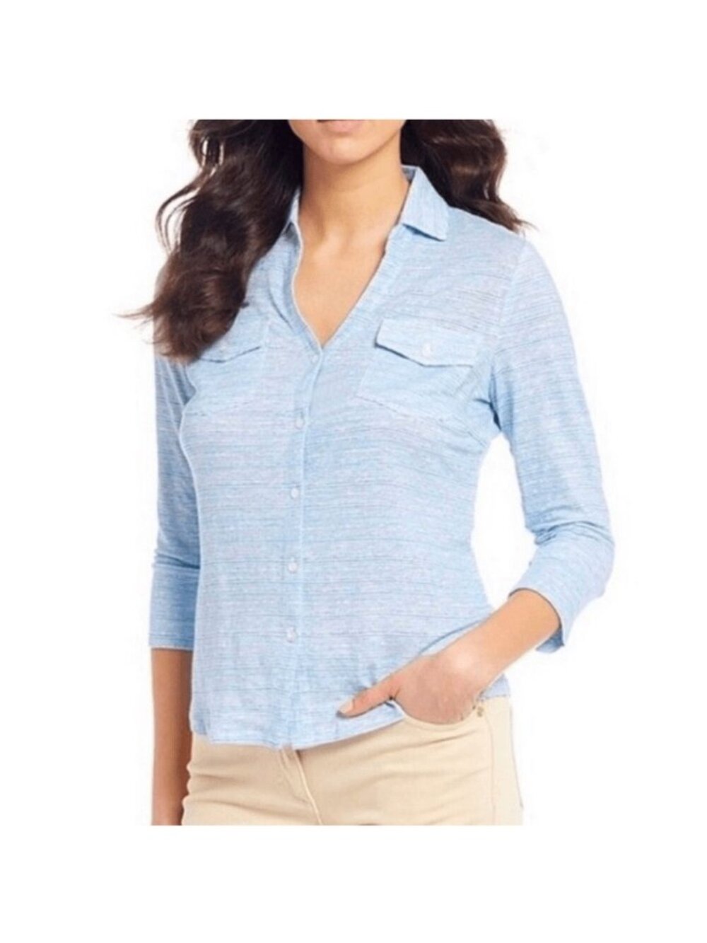 J. McLaughlin women's large heather blue linen 3/4 sleeve button down shirt
